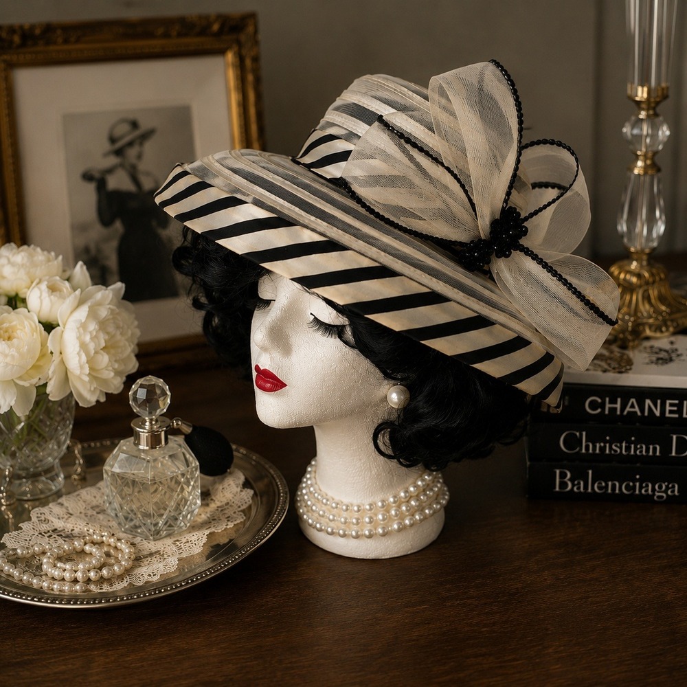 Vintage Black White Wide Brim Hat Striped Church Derby Garden Party Statement